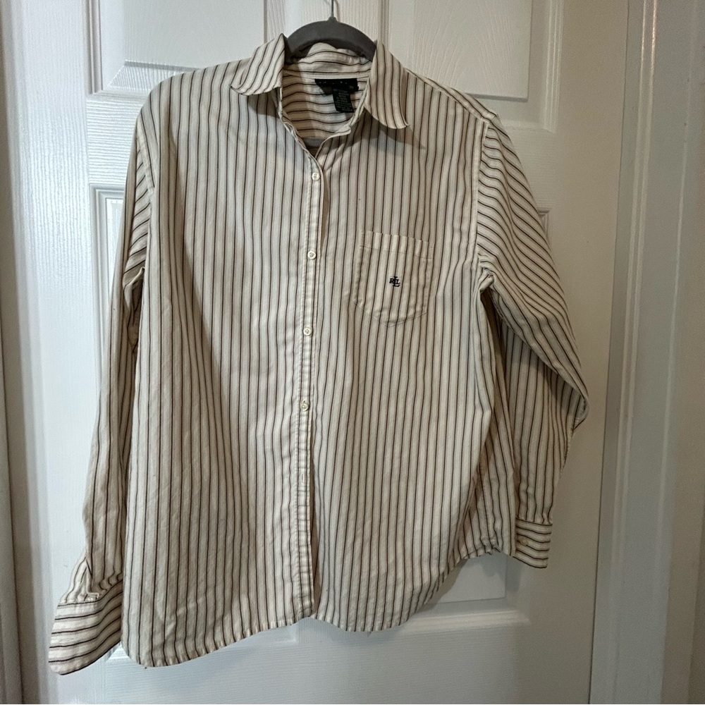 Lauren Ralph Lauren Beige Striped Button-Down Shirt - Picture 4 of 9